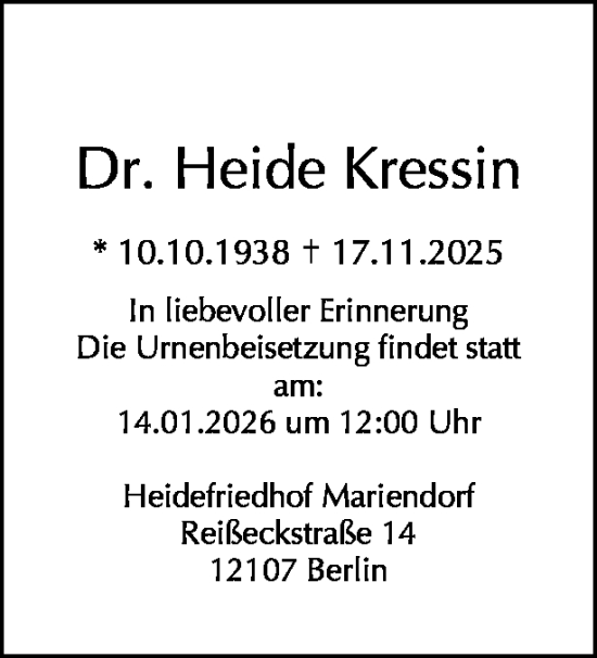 Traueranzeige von Heide Kressin von Tagesspiegel