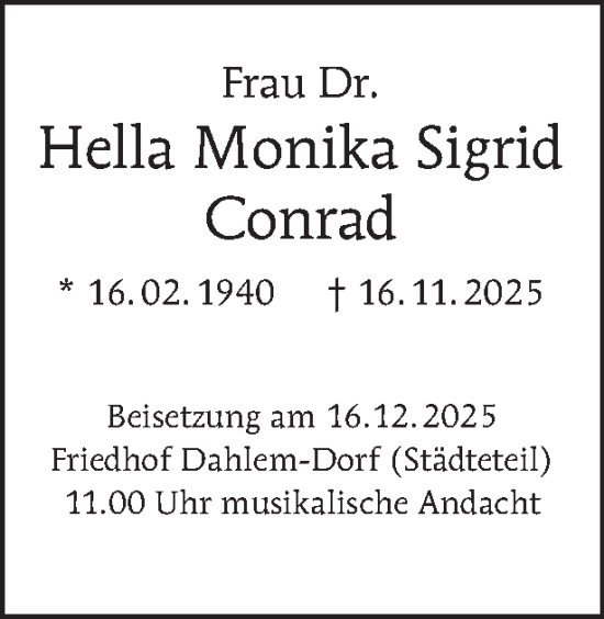 Traueranzeige von Hella Monika Sigrid Conrad von Tagesspiegel