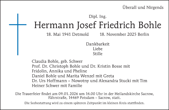 Traueranzeige von Hermann Josef Friedrich Bohle von Tagesspiegel