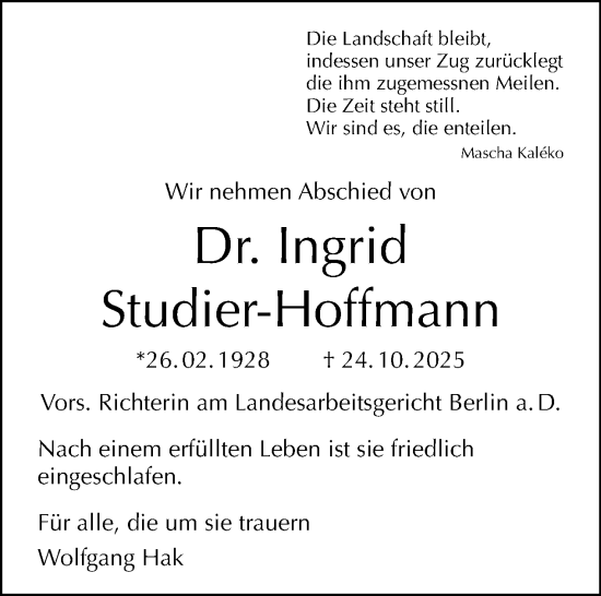 Traueranzeige von Ingrid Studier-Hoffmann von Tagesspiegel