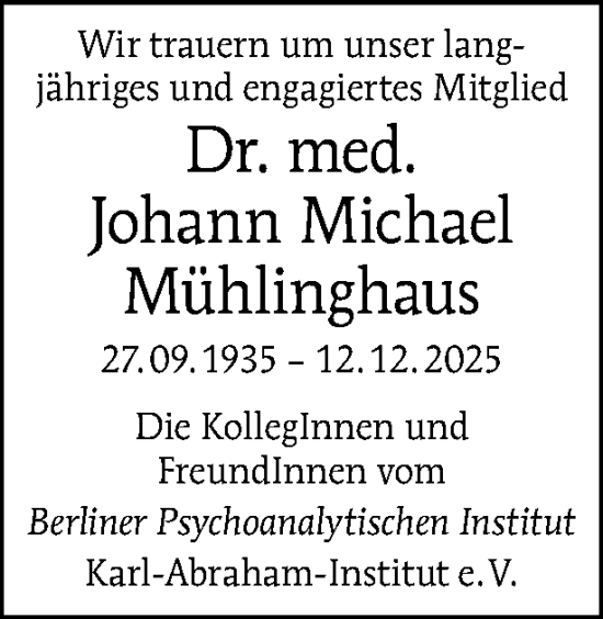 Traueranzeige von Johann Michael Mühlinghaus von Tagesspiegel