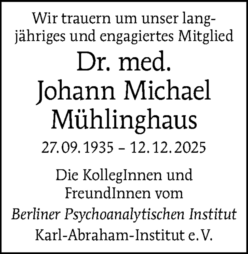  Traueranzeige für Johann Michael Mühlinghaus vom 20.12.2025 aus Tagesspiegel