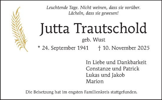 Traueranzeige von Jutta Trautschold von Tagesspiegel