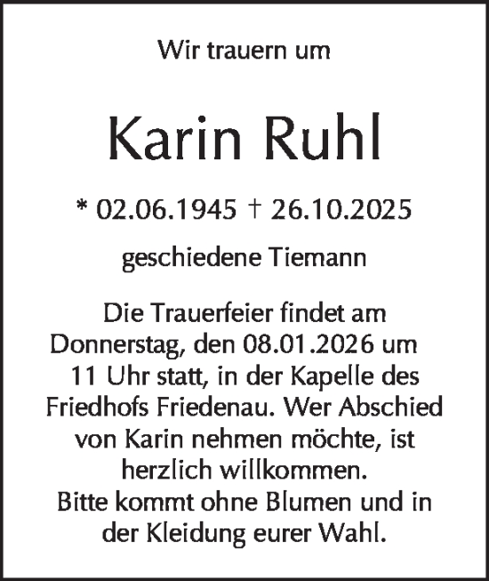 Traueranzeige von Karin Ruhl von Tagesspiegel