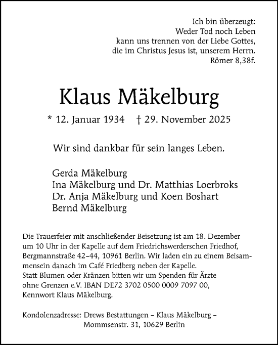 Traueranzeige von Klaus Mäkelburg von Tagesspiegel