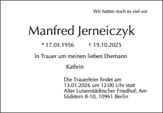 Traueranzeige von Manfred Jerneiczyk von Tagesspiegel