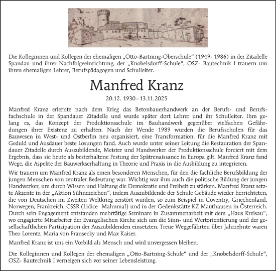 Traueranzeige von Manfred Kranz von Tagesspiegel
