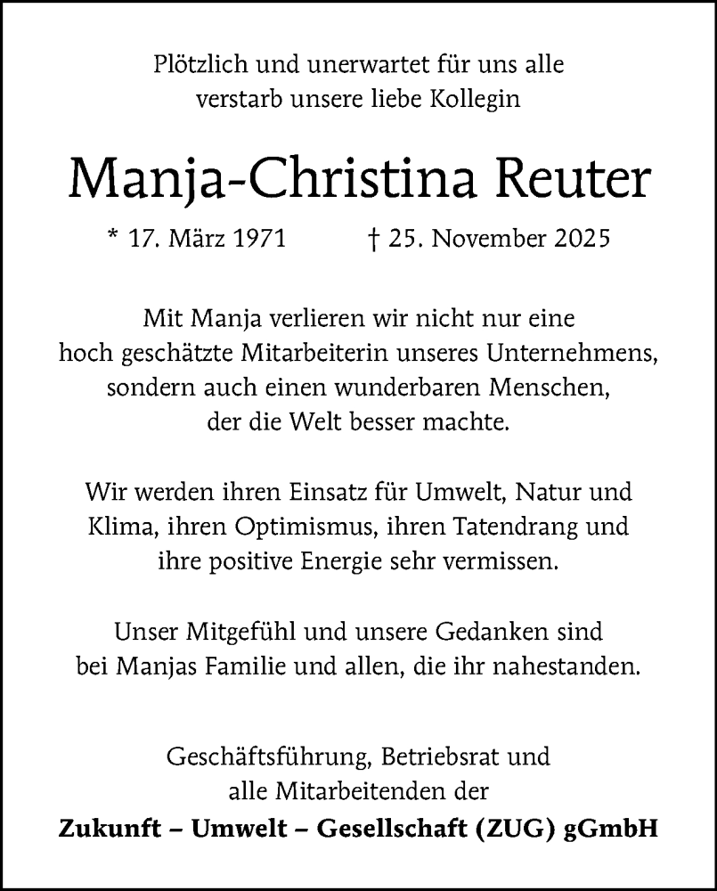  Traueranzeige für Manja-Christina Reuter vom 06.12.2025 aus Tagesspiegel
