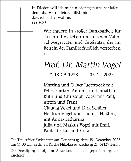 Traueranzeige von Martin Vogel von Tagesspiegel