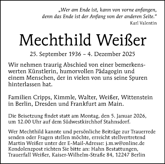 Traueranzeige von Mechthild Weißer von Tagesspiegel
