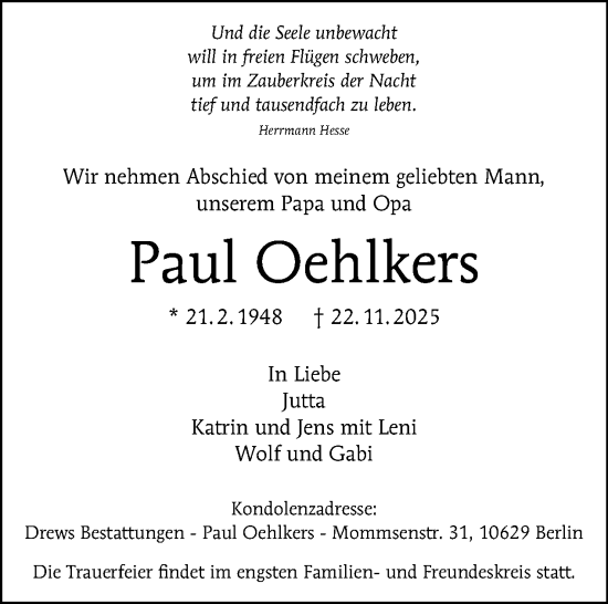 Traueranzeige von Paul Oehlkers von Tagesspiegel