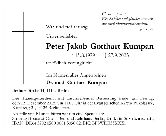 Traueranzeige von Peter Jakob Gotthart Kumpan von Tagesspiegel
