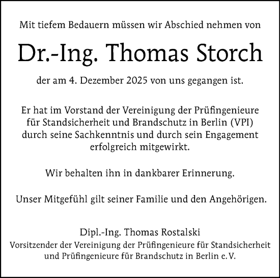 Traueranzeige von Thomas Storch von Tagesspiegel