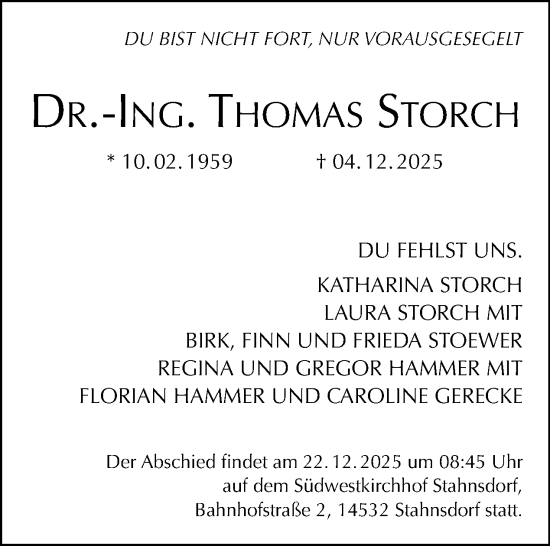 Traueranzeige von Thomas Storch von Tagesspiegel