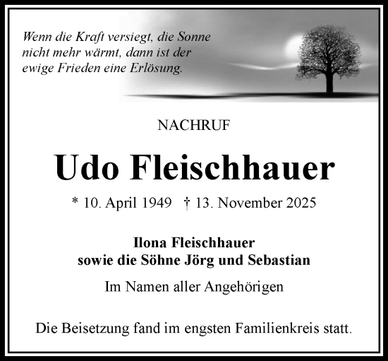 Traueranzeige von Udo Fleischhauer von Tagesspiegel