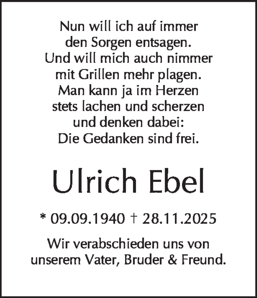  Traueranzeige für Ulrich Ebel vom 12.12.2025 aus Tagesspiegel