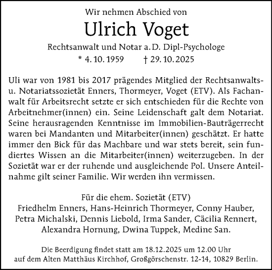 Traueranzeige von Ulrich Voget von Tagesspiegel