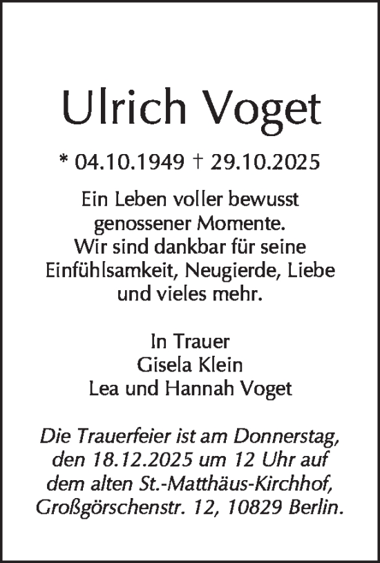 Traueranzeige von Ulrich Voget von Tagesspiegel