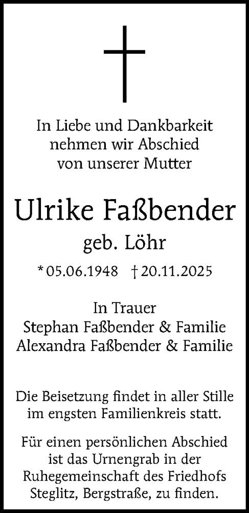  Traueranzeige für Ulrike Faßbender vom 06.12.2025 aus Tagesspiegel