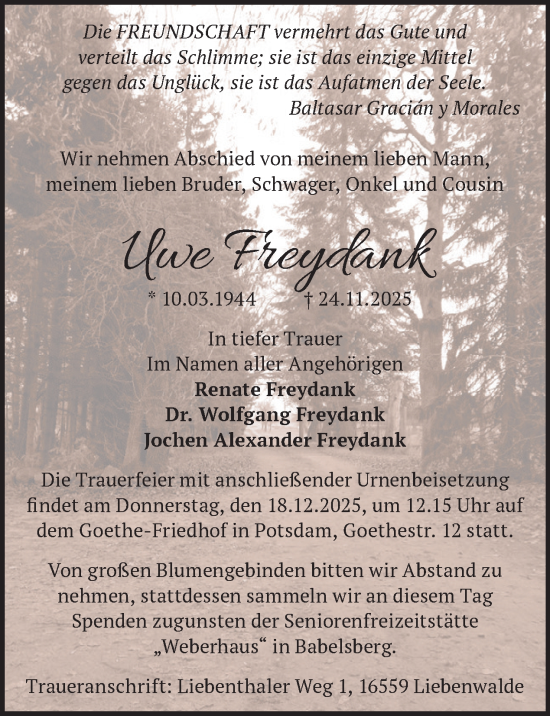 Traueranzeige von Uwe Freydank von Tagesspiegel