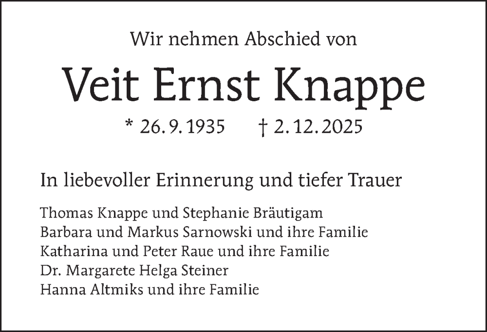  Traueranzeige für Veit Ernst Knappe vom 20.12.2025 aus Tagesspiegel
