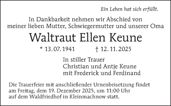 Traueranzeige von Waltraut Ellen Keune von Tagesspiegel