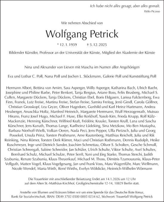 Traueranzeige von Wolfgang Petrick von Tagesspiegel