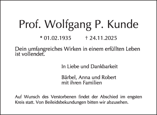 Traueranzeige von Wolfgang P. Kunde von Tagesspiegel
