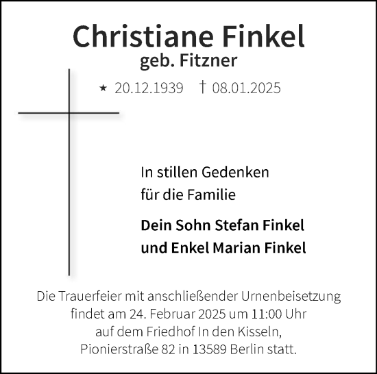 Traueranzeige von Christiane Finkel von Tagesspiegel