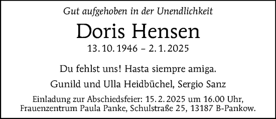 Traueranzeige von Doris Hensen von Tagesspiegel