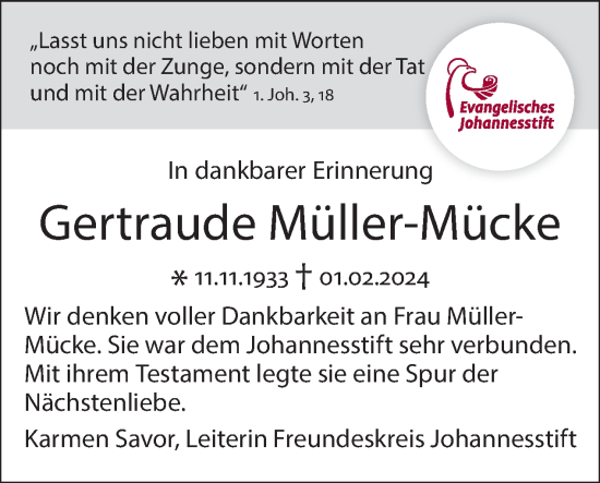 Traueranzeige von Gertraude Müller-Mücke von Tagesspiegel