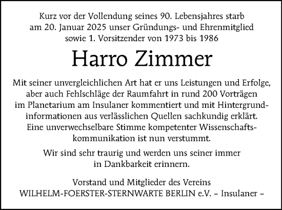 Traueranzeige von Harro Zimmer von Tagesspiegel