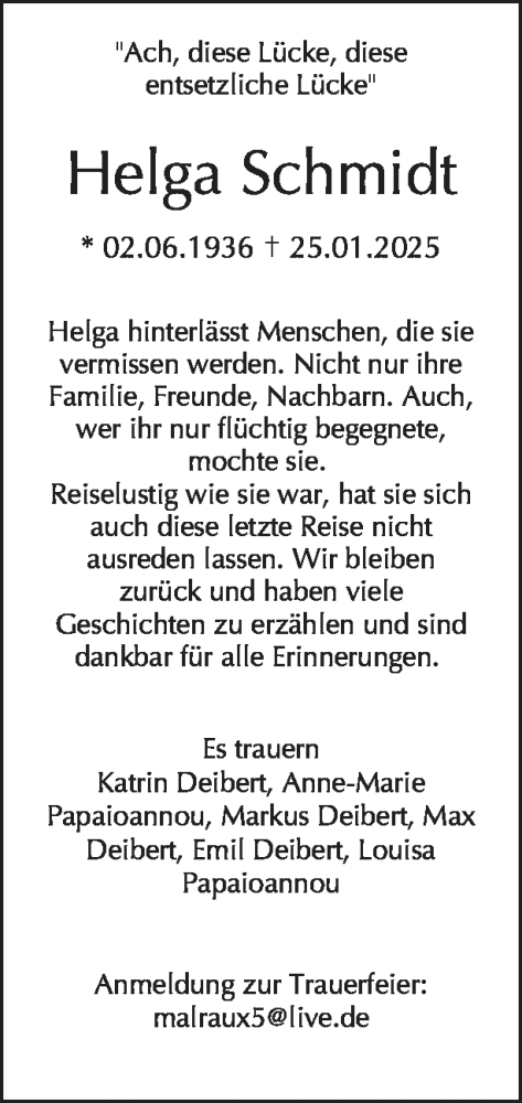 Traueranzeige von Helga Schmidt von Tagesspiegel
