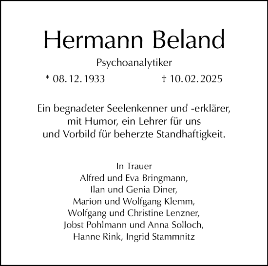 Traueranzeige von Hermann Beland von Tagesspiegel