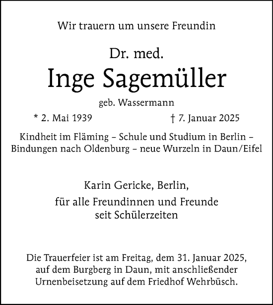 Traueranzeige von Inge Sagemüller von Tagesspiegel