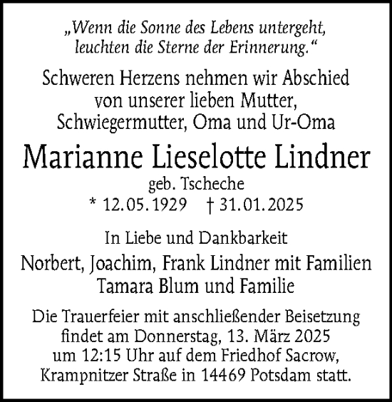 Traueranzeige von Marianne Lieselotte Lindner von Tagesspiegel