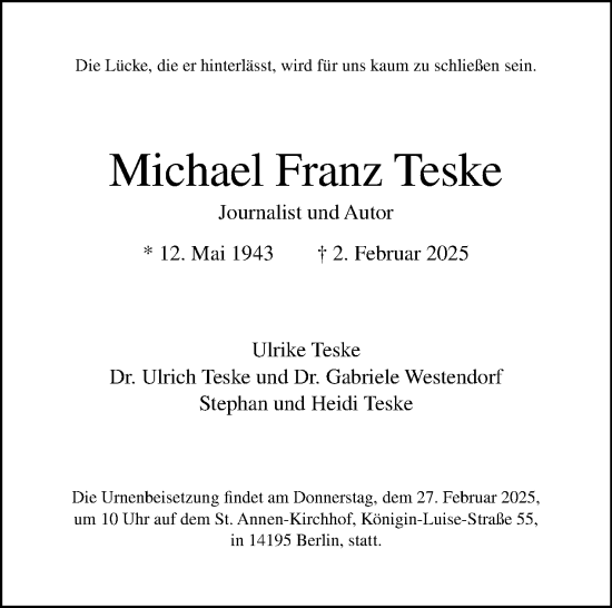 Traueranzeige von Michael Franz Teske von Tagesspiegel