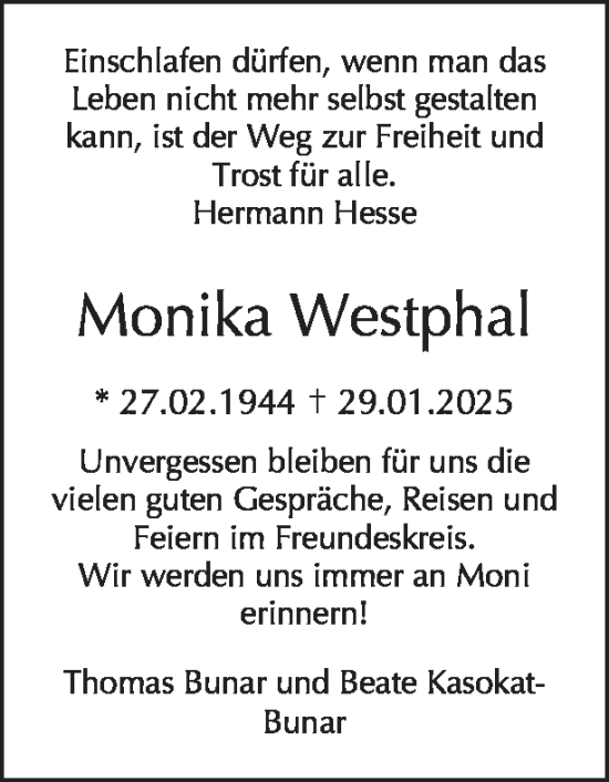 Traueranzeige von Monika Westphal von Tagesspiegel