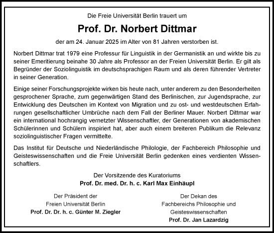 Traueranzeige von Norbert Dittmar von Tagesspiegel