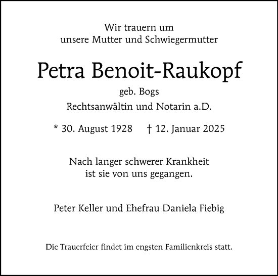 Traueranzeige von Petra Benoit-Raukopf von Tagesspiegel