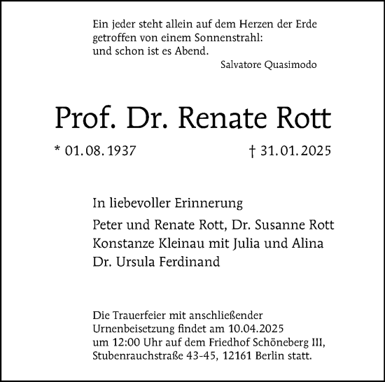 Traueranzeige von Renate Rott von Tagesspiegel