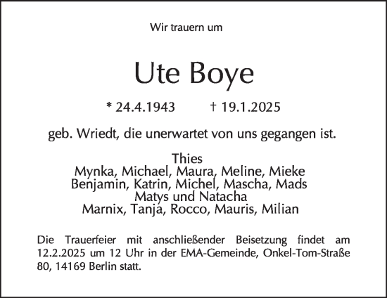 Traueranzeige von Ute Boye von Tagesspiegel