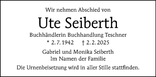 Traueranzeige von Ute Seiberth von Tagesspiegel