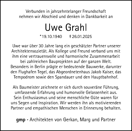 Traueranzeige von Uwe Grahl von Tagesspiegel