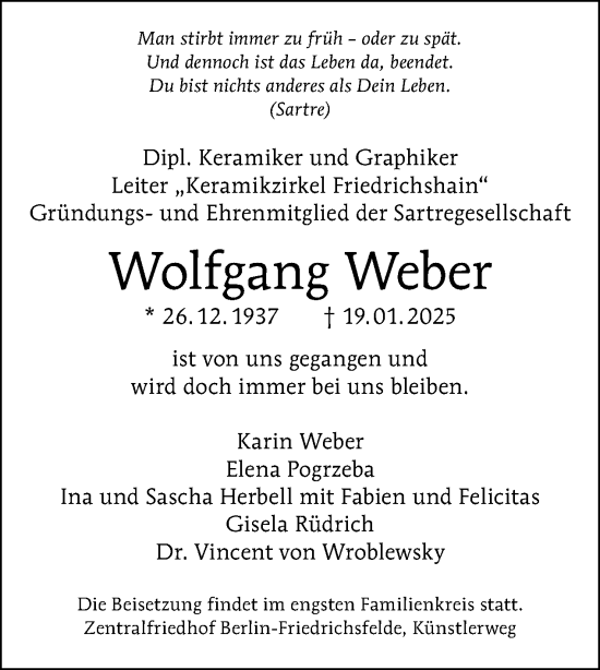 Traueranzeige von Wolfgang Weber von Tagesspiegel