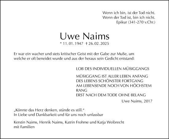 Traueranzeige von Uwe Naims von Tagesspiegel