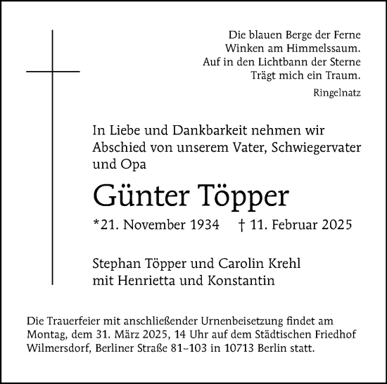 Traueranzeige von Günter Töpper von Tagesspiegel