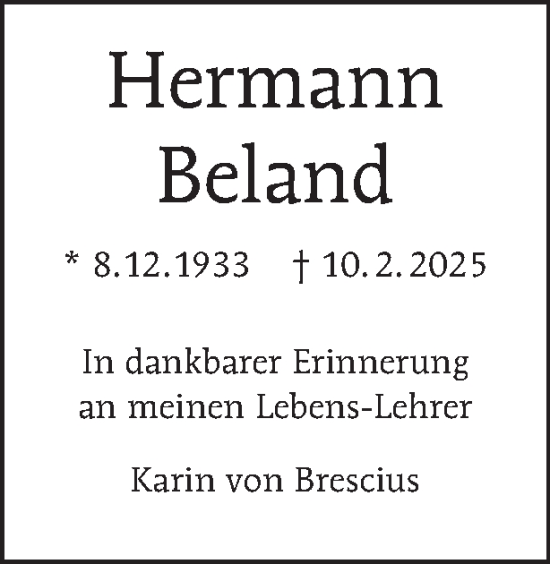 Traueranzeige von Hermann Beland von Tagesspiegel