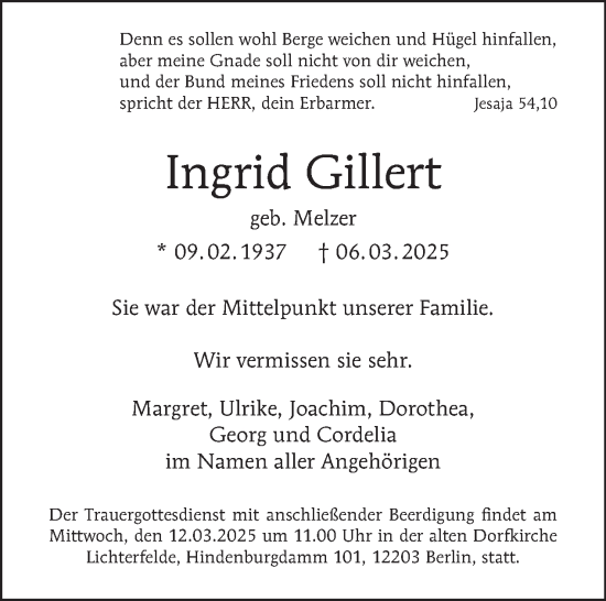 Traueranzeige von Ingrid Gillert von Tagesspiegel