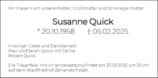 Traueranzeige von Susanne Quick von Tagesspiegel